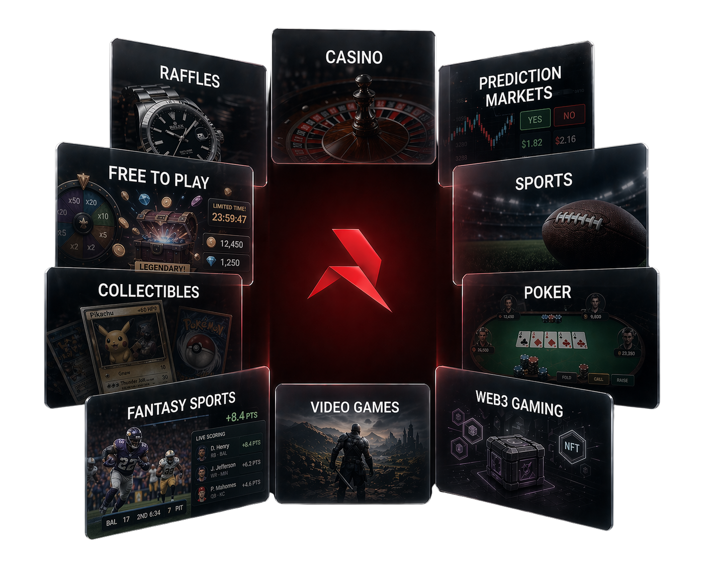 Ten iGaming categories converging toward the Remix mark — casino, raffles, prediction markets, sports, free to play, poker, collectibles, fantasy sports, video games, Web3 gaming